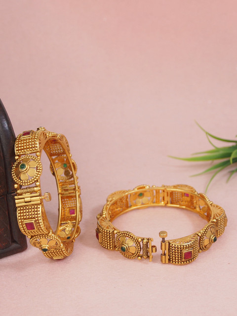 SGA FASHION Set Of 2 Gold-Plated AD Studded Antique Bangles