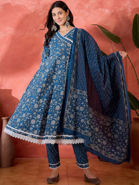 Sangria Women Floral Printed Pure Cotton A-Line Kurta With Trouser & Dupatta