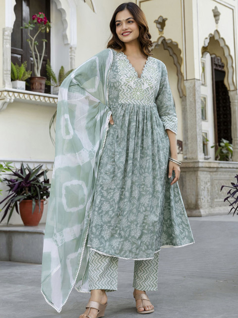 Anouk Women Floral Embroidered Cotton Kurta with Trousers & With Dupatta