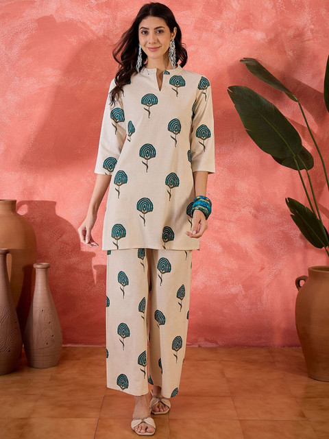 Sangria Printed Pure Cotton Tunic & Palazzo Co-Ord Set