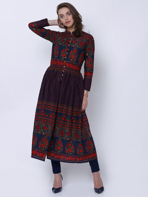Vishudh Floral Printed Cotton Mandarin Collar Anarkali Kurta