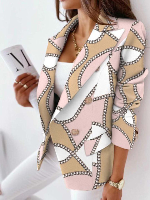 StyleCast Beige Printed Notched Lapel Collar Double-Breasted Blazers - Image 2