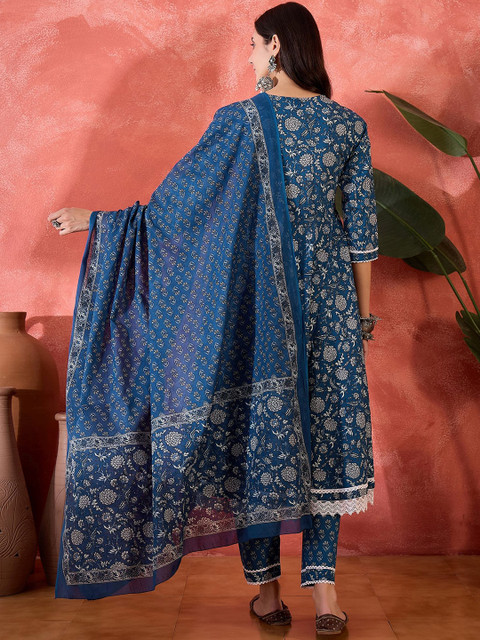 Sangria Women Floral Printed Pure Cotton A-Line Kurta With Trouser & Dupatta - Image 6