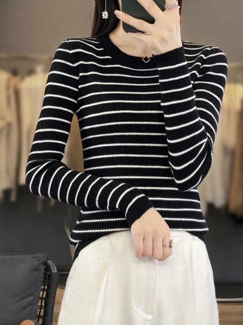 KPOP Women Striped Round Neck Long Sleeves Pullover Sweaters - Image 3