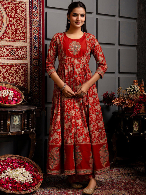 KIMAYRA Women Ethnic Motifs Printed Cotton Anarkali Kurta with Trousers & Dupatta - Image 3