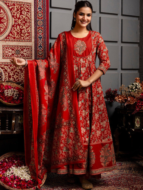 KIMAYRA Women Ethnic Motifs Printed Cotton Anarkali Kurta with Trousers & Dupatta - Image 5