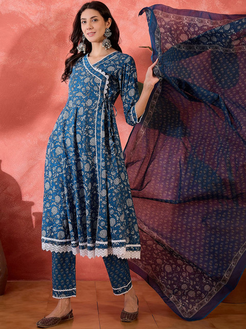 Sangria Women Floral Printed Pure Cotton A-Line Kurta With Trouser & Dupatta - Image 7