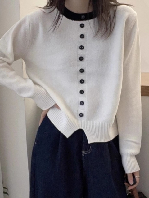 KPOP Women Button Detail Cotton Pullover