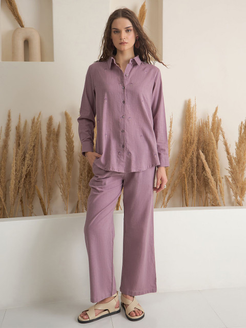 SANSKRUTIHOMES Women Purple Shirt Collar Pure Cotton Top Solid Co-ords Set