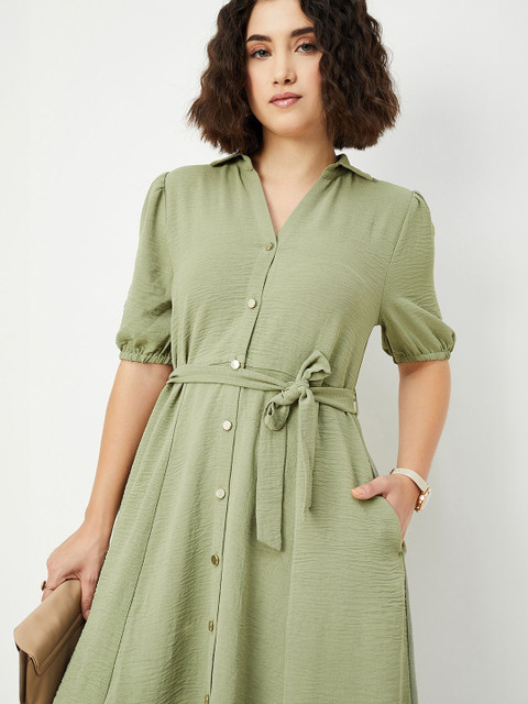max Women Solid Smocked Shirt collar Midi Dress