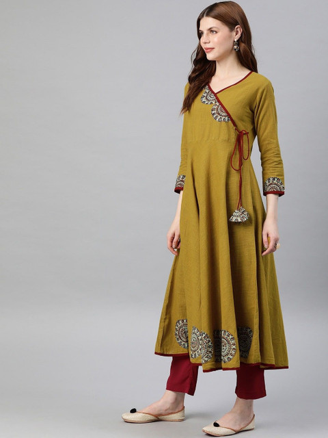 IKRASS Floral Yoke Design Angrakha V-Neck Patchwork A-Line Kurta - Image 3