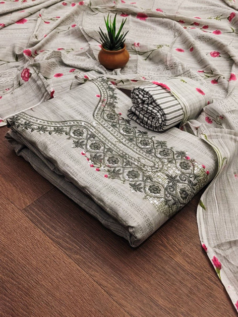 KALINI Floral Printed Thread Work Cotton Unstitched Dress Material