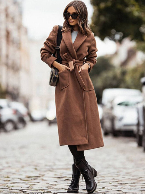 StyleCast Brown Notched Lapel Collar Longline Trench Coat