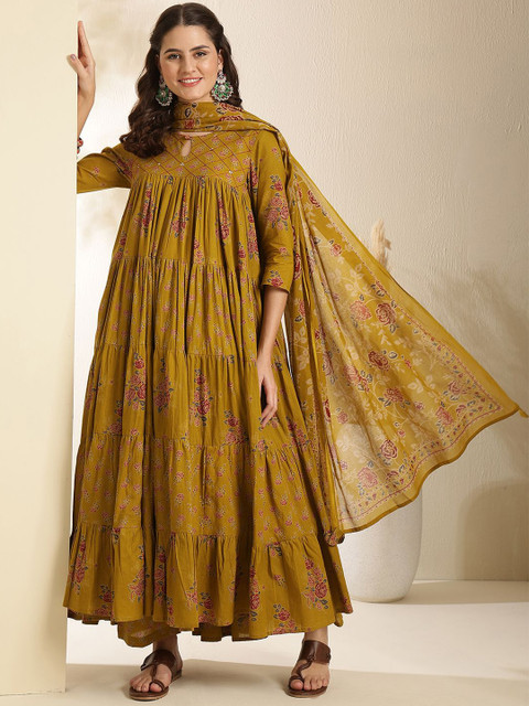 KIMAYRA Floral Printed Keyhole Neck Anarkali Pure Cotton Kurta With Trousers & Dupatta