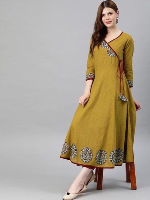 IKRASS Floral Yoke Design Angrakha V-Neck Patchwork A-Line Kurta - Image 5