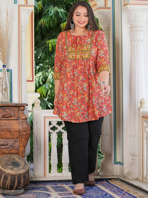 IKRASS Women Plus Size Floral Printed Tie-Up Neck Kurti