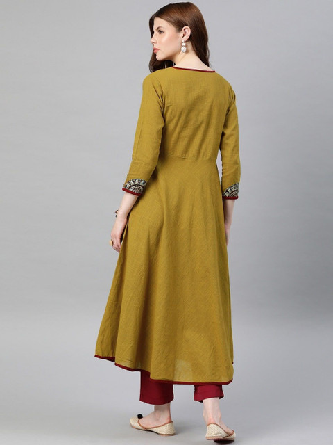 IKRASS Floral Yoke Design Angrakha V-Neck Patchwork A-Line Kurta - Image 4