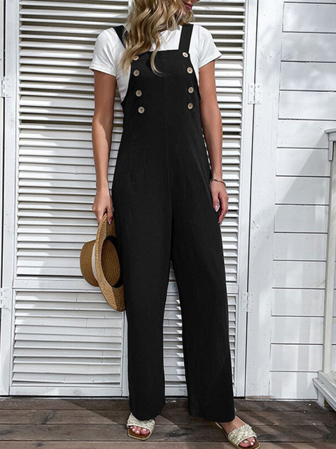 StyleCast Black Shoulder Strap Cotton Basic Jumpsuit