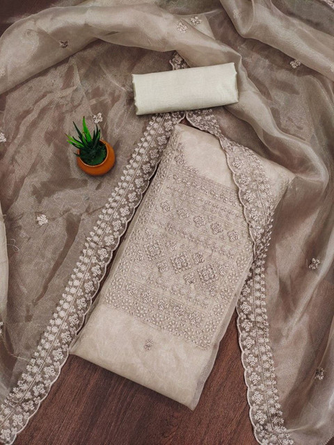 KALINI Floral Embroidered Thread Work Organza Unstitched Dress Material