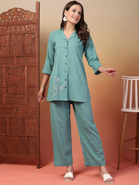 Indibelle Embroidered Cotton Slub Tunic With Trousers Co-Ords