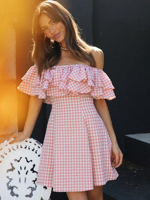 StyleCast Pink Checked Off-Shoulder Fit & Flare Dress