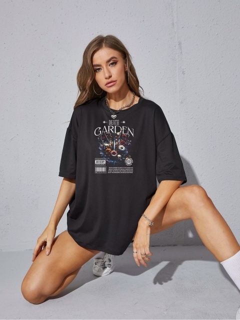 SZN Women Printed Drop-Shoulder Sleeves Applique T-shirt