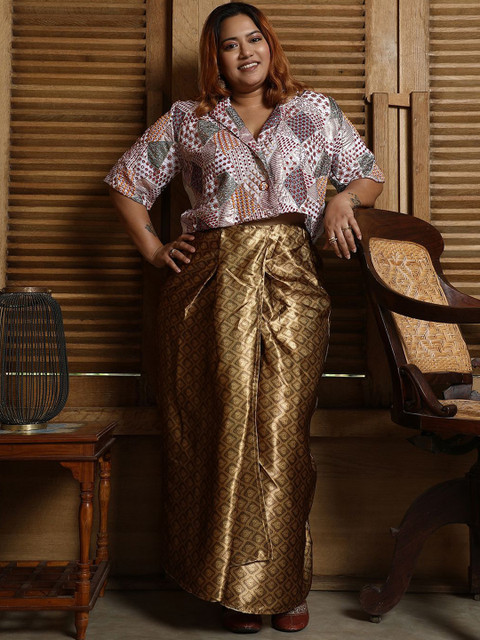 Instafab EmbroideredLapel Collar Neck Top With Skirt Co-Ord Set