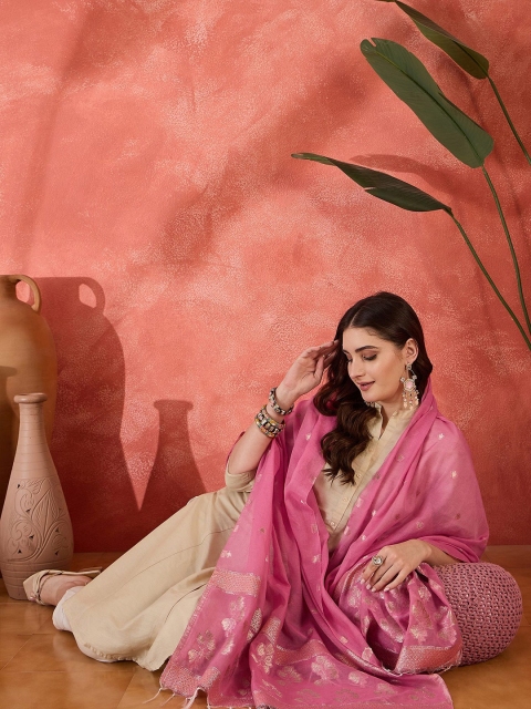 Sangria Ethnic Motifs Woven Design Embroidered Zari Dupatta - Image 6