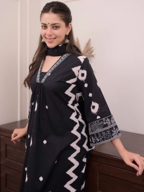 MISS CLOTHING Ikat Printed V Neck A-Line Kurta With Trouser - Image 5