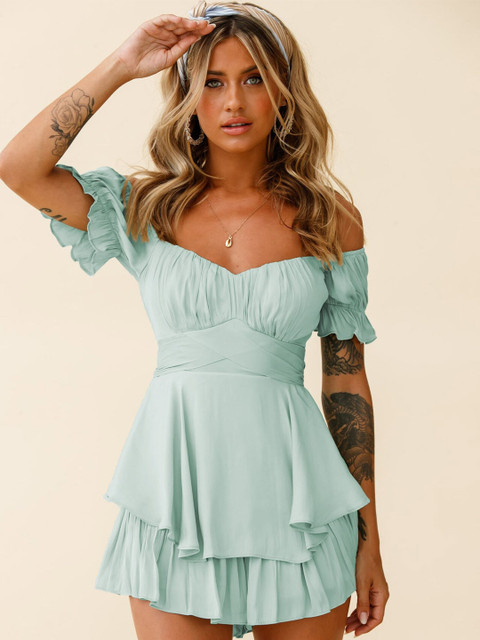 StyleCast Sea Green Off-Shoulder Layered Playsuit