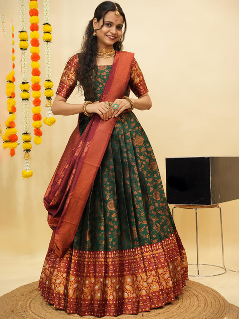 Fabcartz Woven Design Zari Semi-Stitched Lehenga & Unstitched Blouse With Dupatta