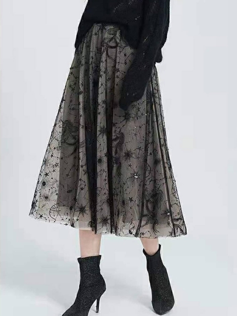 LULU & SKY Floral Embroidered Embellished Flared Midi Skirts