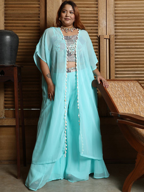 Instafab Plus Embroidered Shoulder Straps Top & Palazzos With Shrug Co-Ords