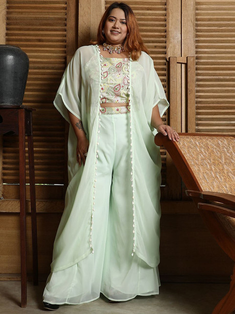 Instafab Plus Paisley Embroidered Sholuder Straps Crop Top & Palazzos With Shrug Co-Ords