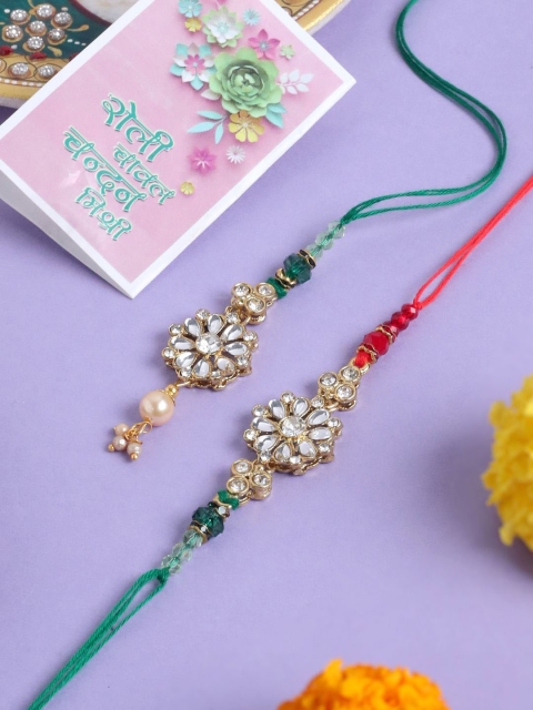 Anouk Set of 2 Gold Toned Kundan Studded Floral Bhaiya Bhabhi Rakhi with Roli Chawal