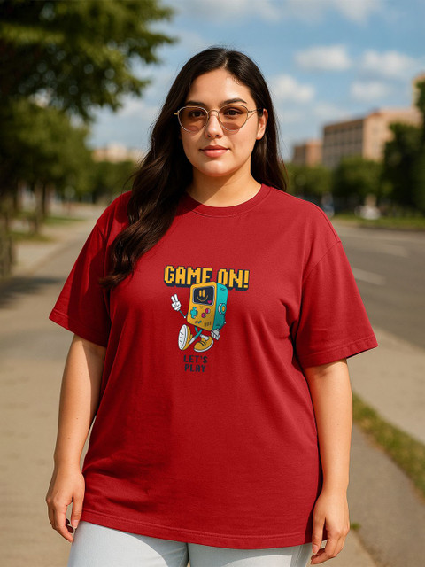 JUNEBERRY Women Red Printed Round Neck Relaxed Fit Pure Cotton Oversized Plus Size T-Shirt