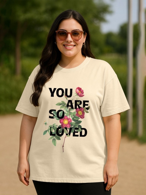 JUNEBERRY Women Swan White Printed Round Neck Pure Cotton Plus Size Tshirt