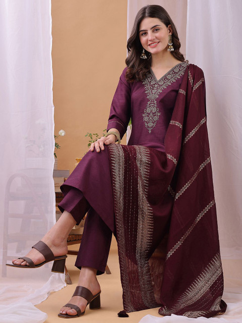 KALINI Yoke Design V-Neck Sequinned Kurta With Trousers And Dupatta