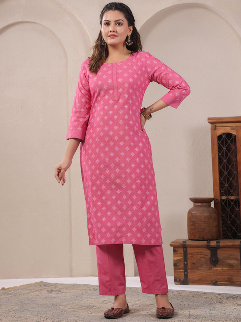 Span Women Pink Ethnic Motifs Printed Regular Pure Cotton Kurta with Trouser Co-Ords