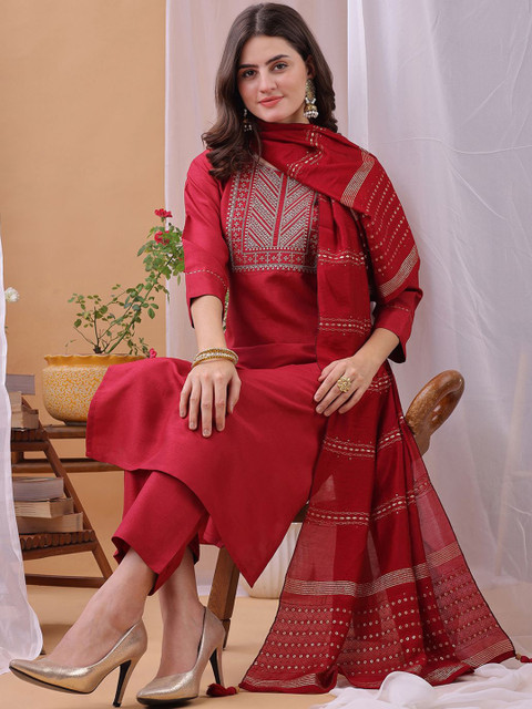 KALINI Women Ethnic Motifs Embroidered Regular Sequinned Kurta Sets With Dupatta