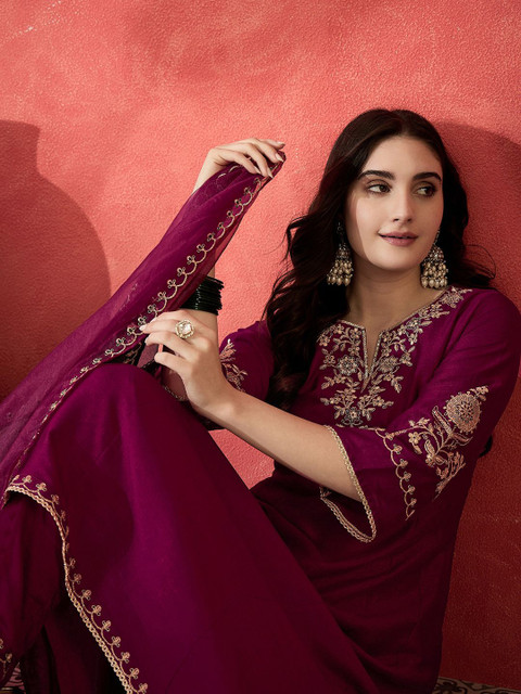 Sangria Women Floral Embroidered A-line Kurta with Trousers & Dupatta