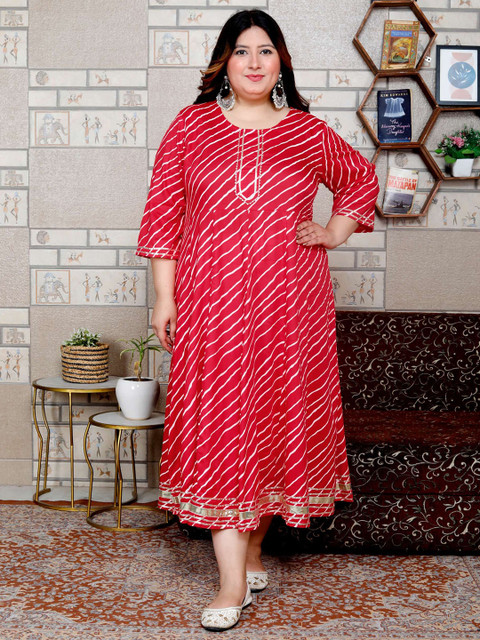 FLAVIA CREATION Plus Size Leheriya Printed Round Neck A Line Kurta