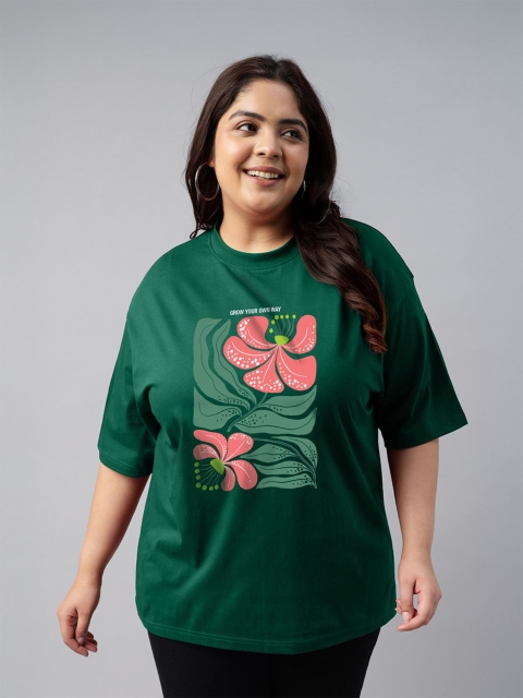 JUNEBERRY Women Floral Printed Round Neck Pure Cotton Plus Size Tshirt