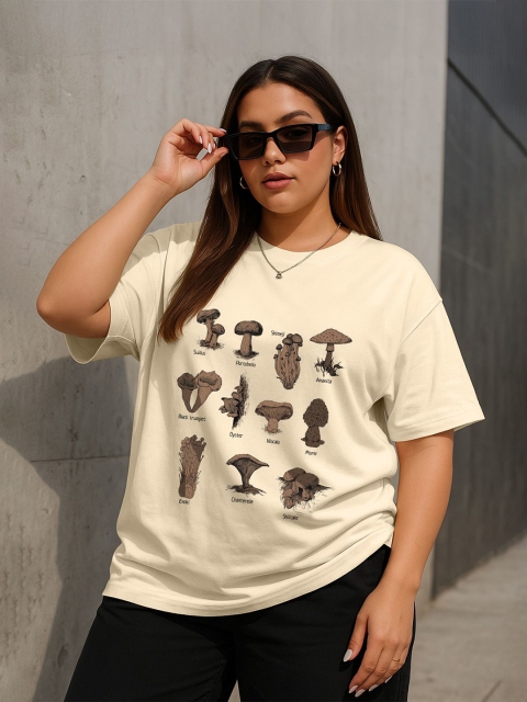 JUNEBERRY Women Swan White Printed Round Neck Pure Cotton Plus Size Tshirt