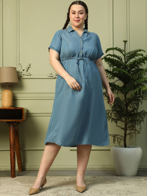 Oxolloxo Plus Size Collared Neck With Button Detail Elasticated Waist Tencel Denim Dress