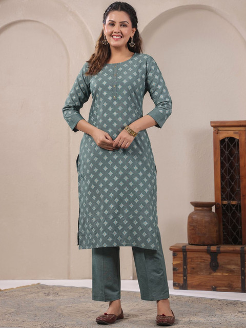 Span Geometric Printed Round Neck Straight Pure Cotton Co-Ords