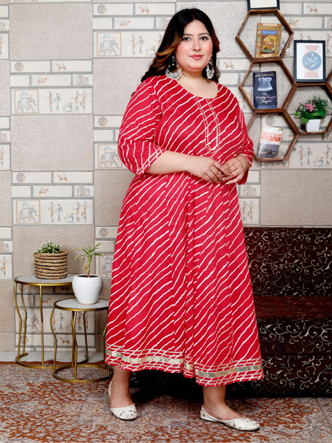 FLAVIA CREATION Plus Size Leheriya Printed Round Neck A Line Kurta - Image 3