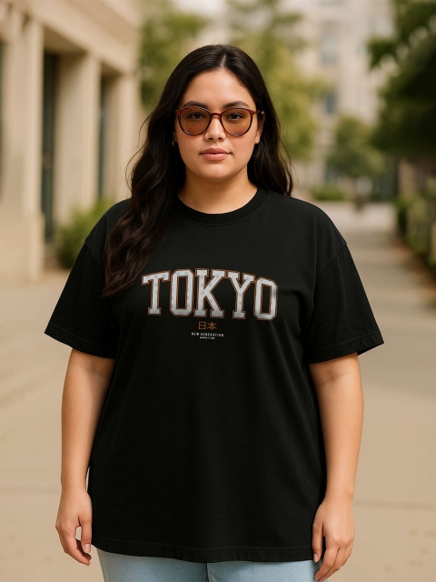 JUNEBERRY Women Black Printed Round Neck Pure Cotton Plus Size Tshirt