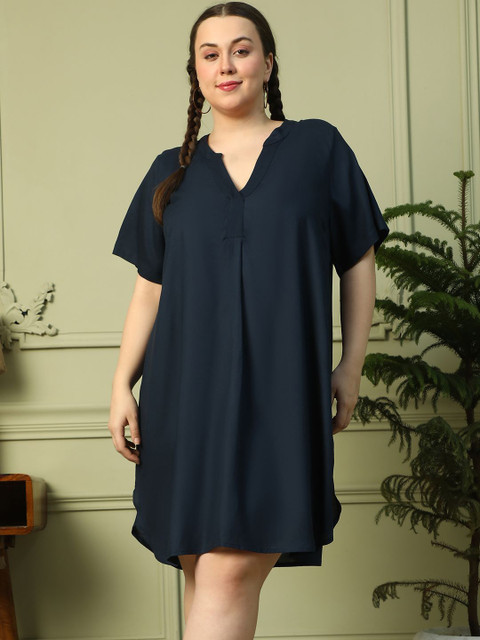 Oxolloxo Plus Size V-Neck Short Sleeve Curved Hem Knee-length Dress