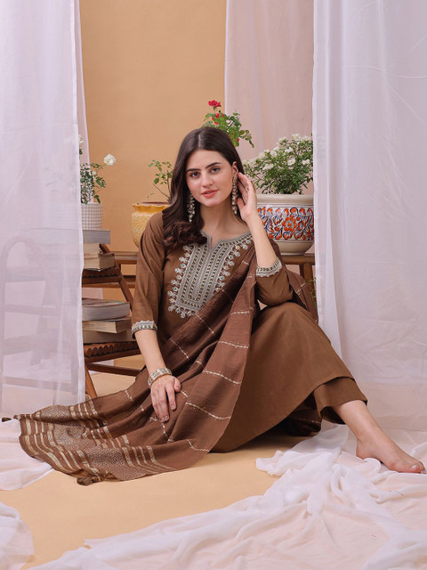 KALINI Yoke Design Sequinned Straight Kurta With Trousers And Dupatta